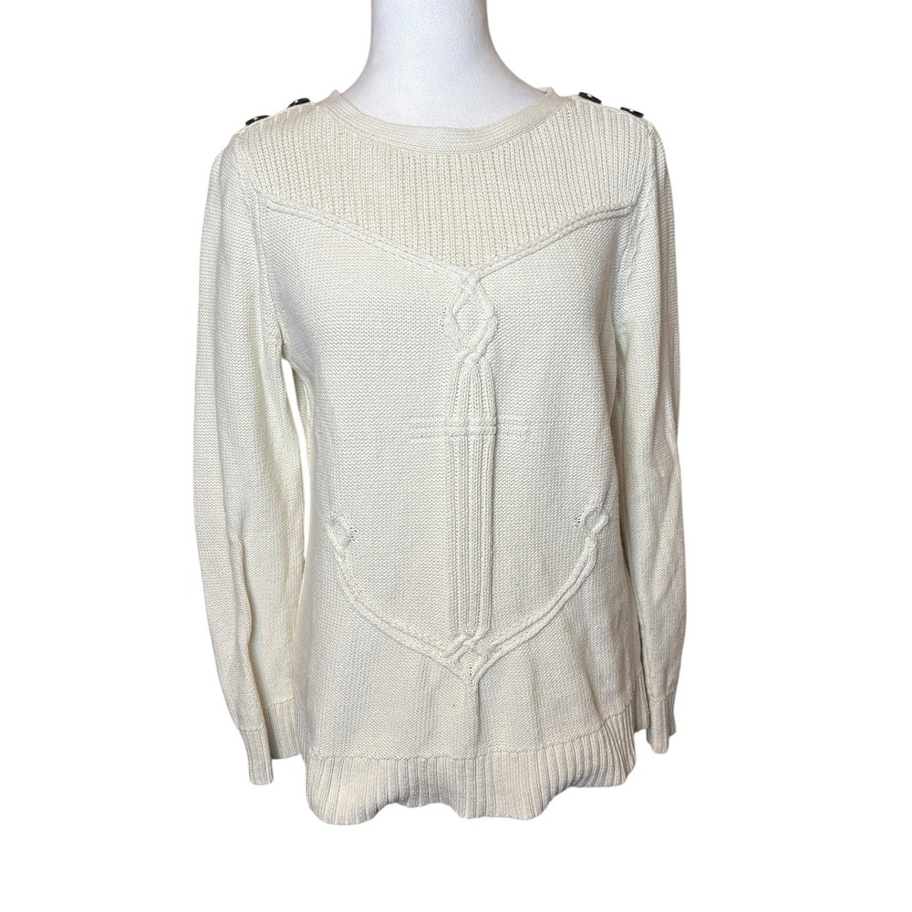 Talbots Cream Cable Ribbed-Yoke Sweater Large Petite Anchor Coastal Nautical